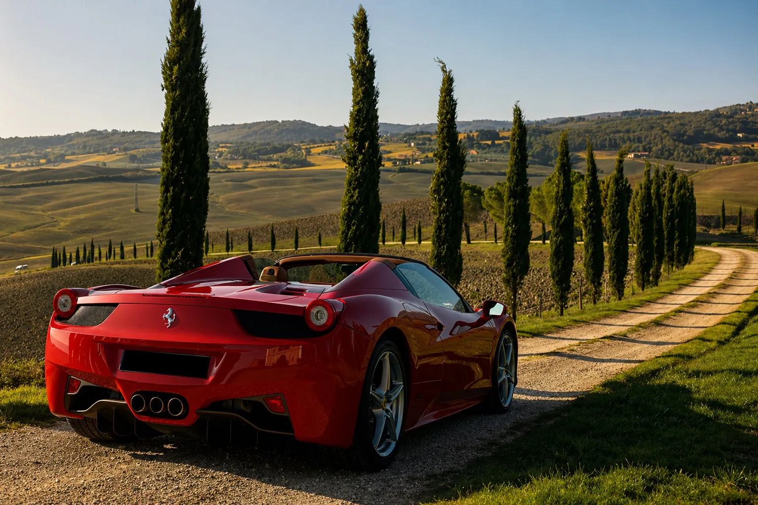 Ferrari on the Tuscan cypress road